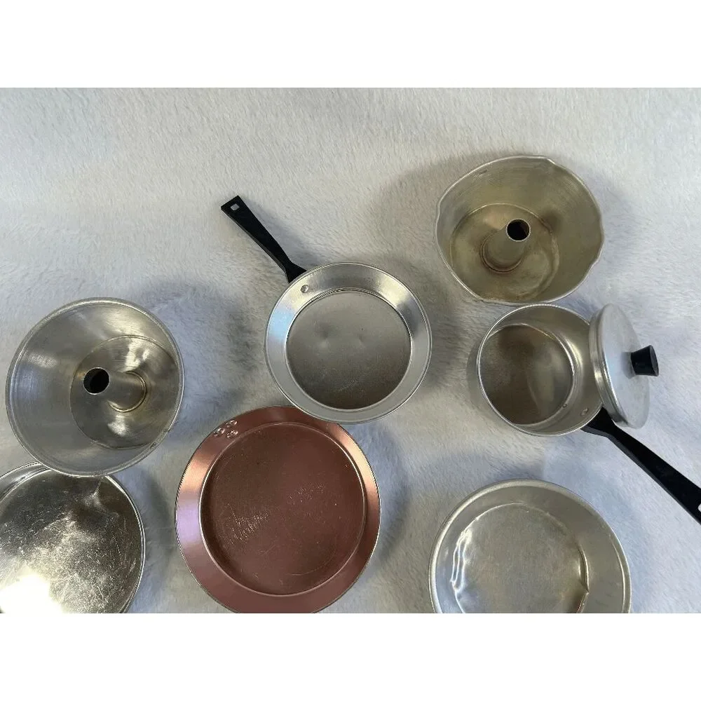 Child's Vintage Metal Pots & Pans Play Miniature Dish Set Plates, Pots, Pans